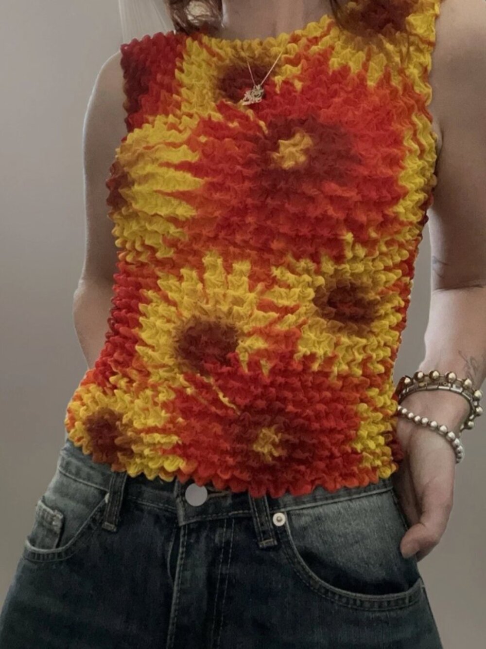 Vintage Y2K Retro Milano Orange Yellow One Size Sunflower Stretch Bubble Top